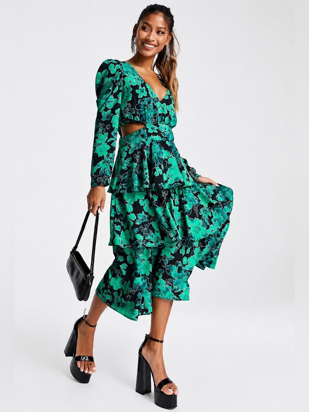 Topshop Floral Midi Dress Cutout Puff Sleeve Tiered Ruffle Green Black Size 2 Xs